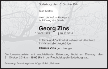 Traueranzeige von Georg Zins Zins von Uelzen