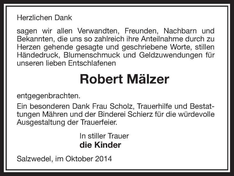  Traueranzeige für Robert Mälzer vom 15.10.2014 aus Uelzen