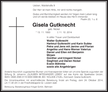 Traueranzeige von Gisela Gutknecht von Uelzen