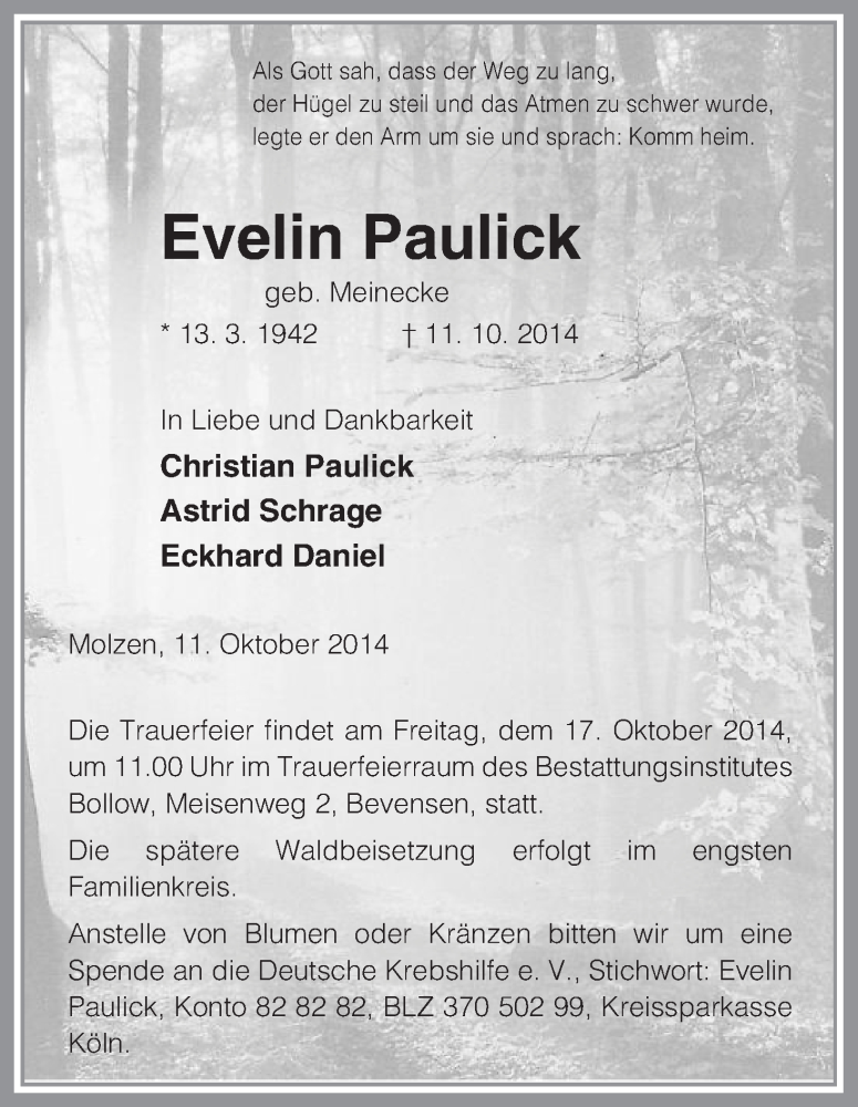  Traueranzeige für Evelin Paulick vom 15.10.2014 aus Uelzen