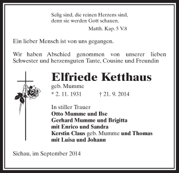 Traueranzeige von Elfriede Ketthaus von Uelzen