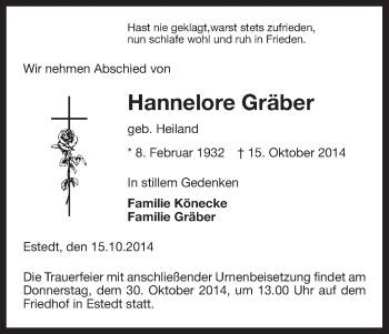 Traueranzeige von Hannelore Gräber von Uelzen