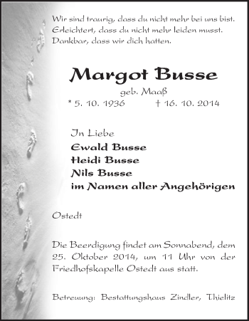 Traueranzeige von Margot Busse von Uelzen