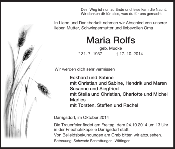 Traueranzeige von Maria Rolfs von Uelzen