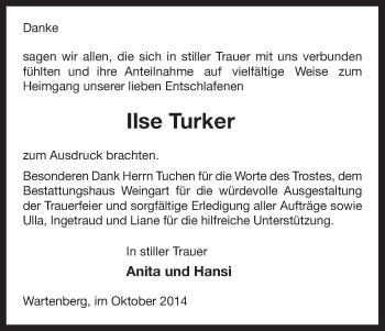 Traueranzeige von Ilse Turker von Uelzen