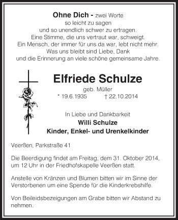 Traueranzeige von Elfriede Schulze von Uelzen