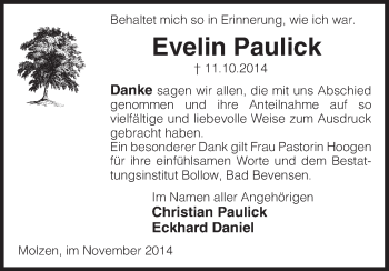 Traueranzeige von Evelin Paulick von Uelzen