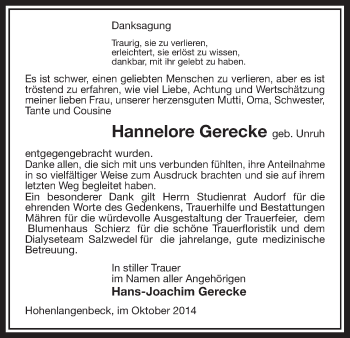 Traueranzeige von Hannelore Gerecke von Uelzen