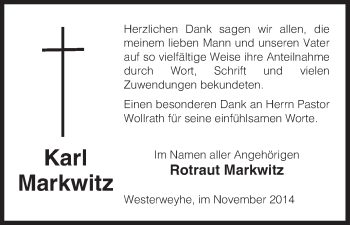 Traueranzeige von Karl Markwitz von Allgemeine Zeitung Uelzen