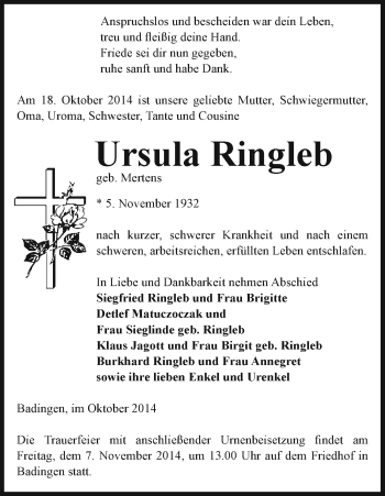 Traueranzeige von Ursula Ringleb von Uelzen