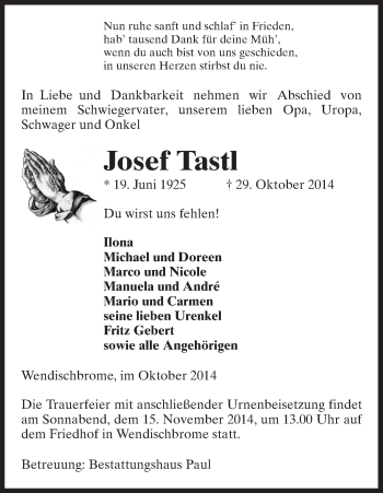 Traueranzeige von Josef Tastl von Uelzen