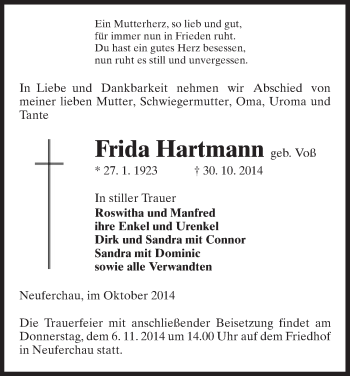 Traueranzeige von Frida Hartmann von Uelzen