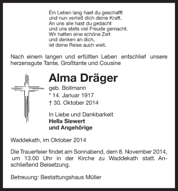 Traueranzeige von Alma Dräger von Uelzen