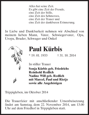 Traueranzeige von Paul Kürbis von Uelzen