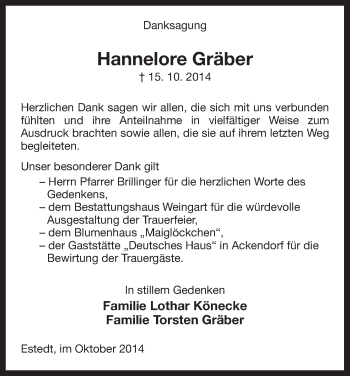 Traueranzeige von Hannelore Gräber von Uelzen