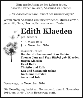 Traueranzeige von Edith Klaeden von Uelzen