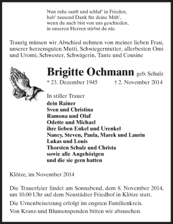 Traueranzeige von Brigitte Ochmann von Uelzen