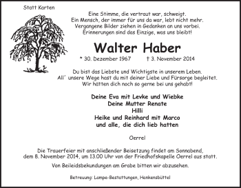 Traueranzeige von Walter Haber von Uelzen