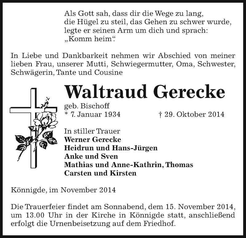  Traueranzeige für Waltraud Gerecke vom 08.11.2014 aus Uelzen