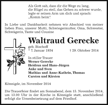 Traueranzeige von Waltraud Gerecke von Uelzen