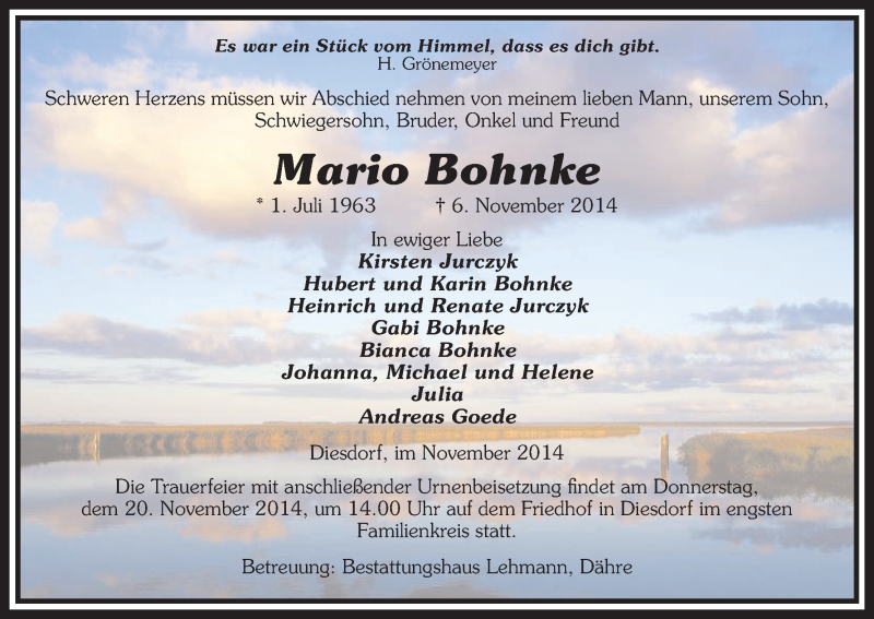  Traueranzeige für Mario Bohnke vom 11.11.2014 aus Uelzen