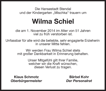 Traueranzeige von Wilma Schiel von Uelzen