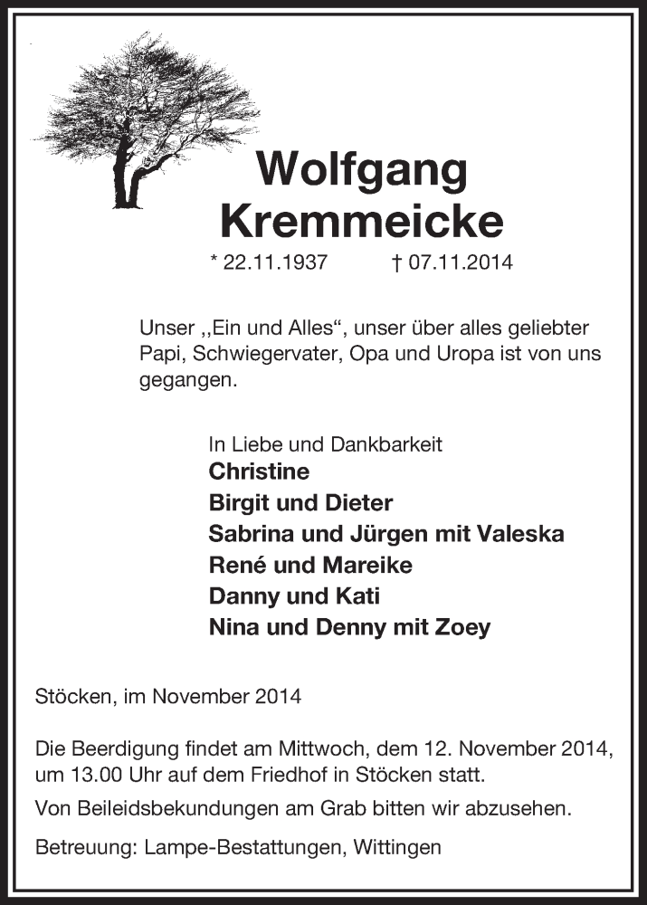  Traueranzeige für Wolfgang Kremmeicke vom 11.11.2014 aus Uelzen