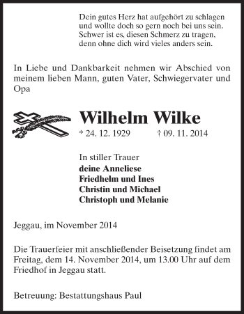 Traueranzeige von Wilhelm Wilke von Uelzen