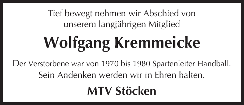  Traueranzeige für Wolfgang Kremmeicke vom 12.11.2014 aus Uelzen