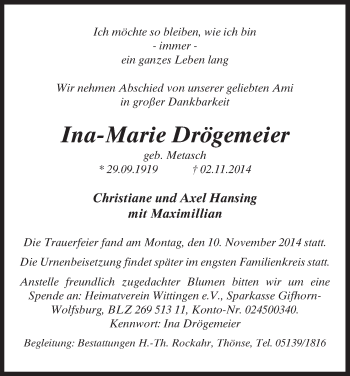 Traueranzeige von Ina-Marie Drögemeier von Uelzen