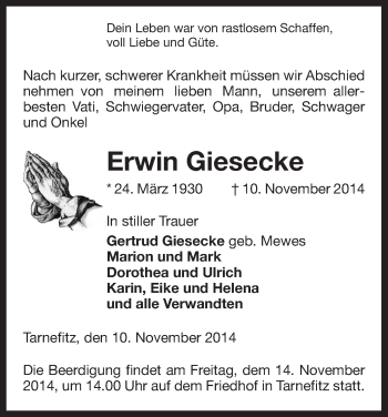 Traueranzeige von Erwin Giesecke von Uelzen