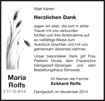 Traueranzeige von Maria Rolfs von Uelzen