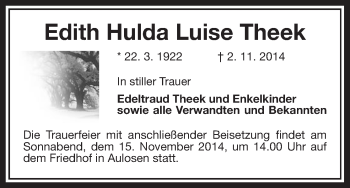 Traueranzeige von Edith Hulda Luise Theek von Uelzen