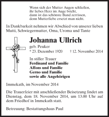 Traueranzeige von Johanna Ullrich von Uelzen