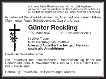 Traueranzeige von Günter Reckling von Uelzen