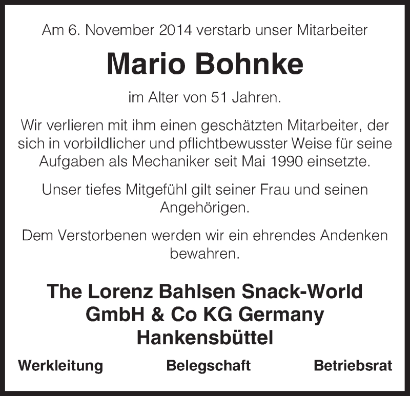  Traueranzeige für Mario Bohnke vom 15.11.2014 aus Uelzen