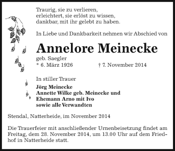 Traueranzeige von Annelore Meinecke von Uelzen