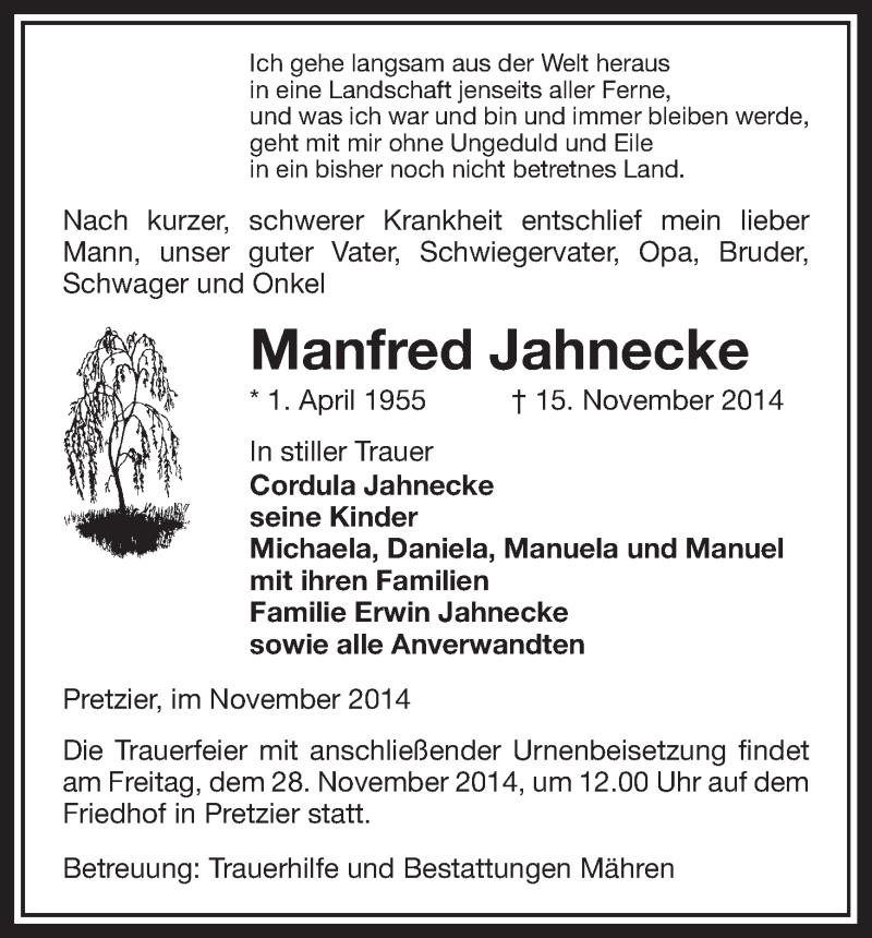  Traueranzeige für Manfred Jahnecke vom 19.11.2014 aus Uelzen