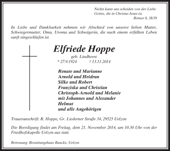 Traueranzeige von Elfriede Hoppe von AZ-Uelzen/IK/AMZ