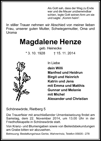 Traueranzeige von Magdalene Henze von Uelzen