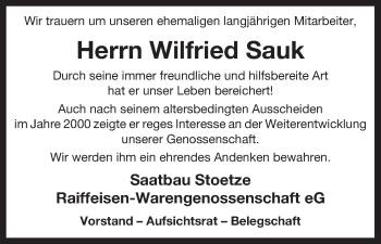 Traueranzeige von Wilfried Sauk von Uelzen