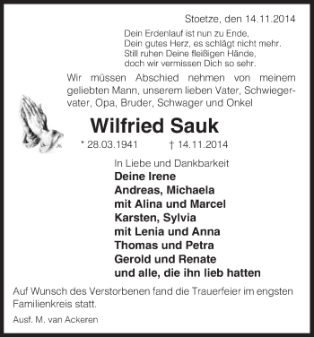 Traueranzeige von Wilfried Sauk von Uelzen