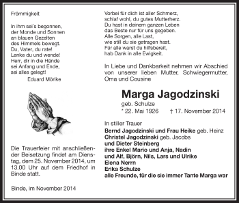 Traueranzeige von Marga Jagodzinski von Uelzen