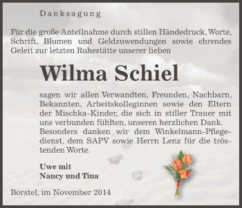 Traueranzeige von Wilma Schiel von Uelzen