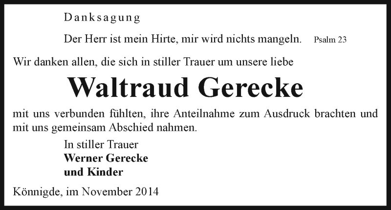  Traueranzeige für Waltraud Gerecke vom 22.11.2014 aus Uelzen