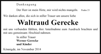 Traueranzeige von Waltraud Gerecke von Uelzen