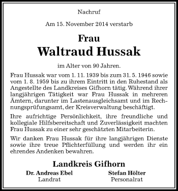 Traueranzeige von Waltraud Hussak von Uelzen