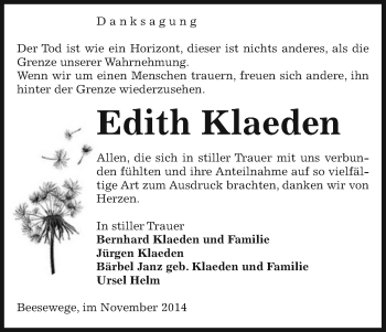 Traueranzeige von Edith Klaeden von Uelzen