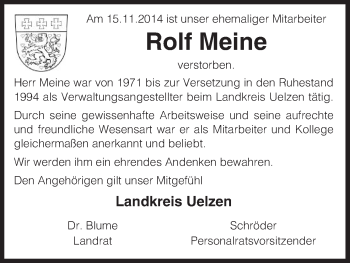 Traueranzeige von Rolf Meine von Uelzen