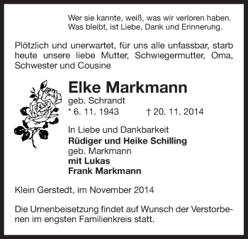 Traueranzeige von Elke Markmann von Uelzen